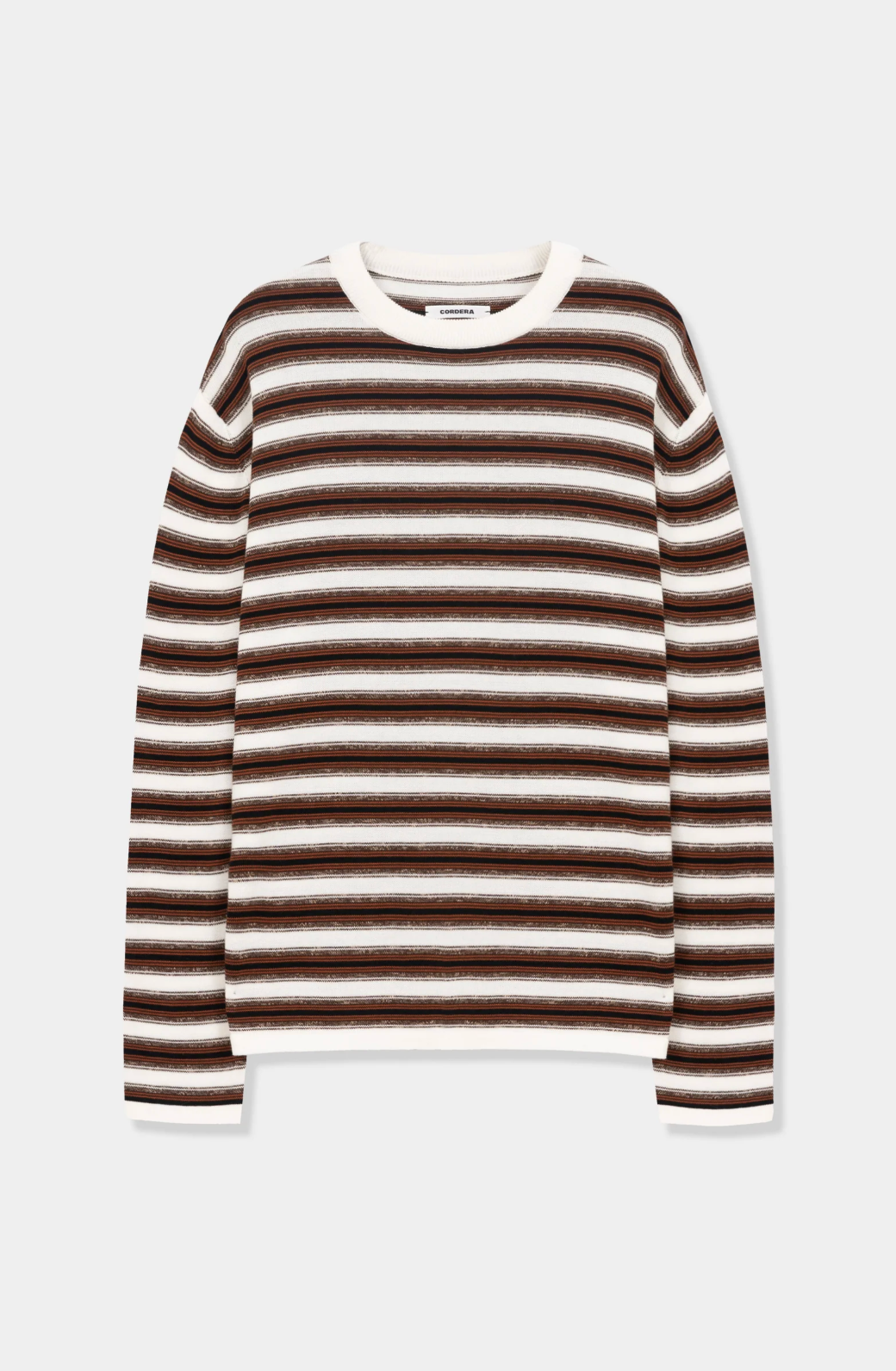 brown, black and white striped long sleeve t shirt 