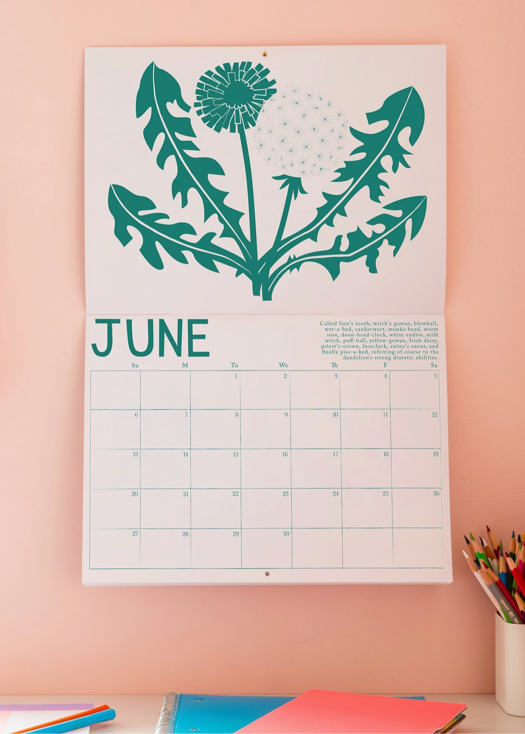 calendar on wall on the month of june in an office space