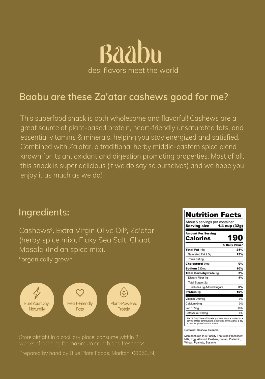 A brown and white product information card for Baabu Za'atar cashews. The card features the Baabu logo at the top, descriptive text about the product, an ingredients list, a nutrition facts label, and three circular icons highlighting natural olive oil, healthy fats, and protein content.