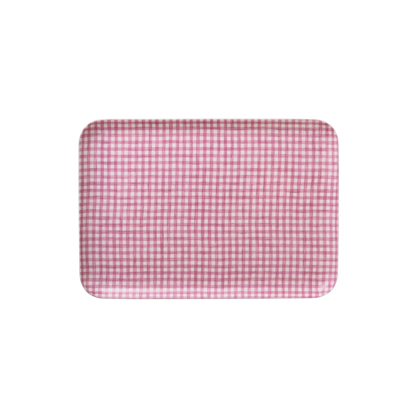 Rectangular red and white checkered tray on a white background