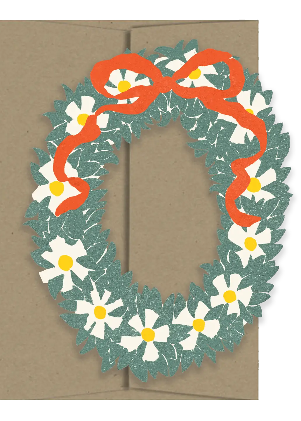 A square kraft paper card featuring a layered paper wreath design with white daisies, green leaves, and an orange ribbon bow.