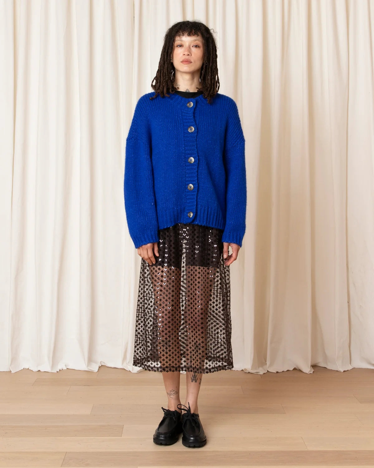 Ali Golden Merino Crewneck Cardigan – Cobalt