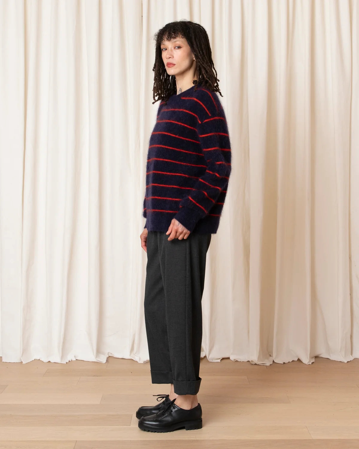 Ali Golden Oversized Mohair Pullover – Navy/Poppy Stripe