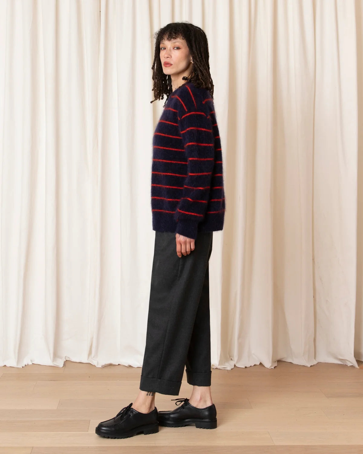 Ali Golden Oversized Mohair Pullover – Navy/Poppy Stripe