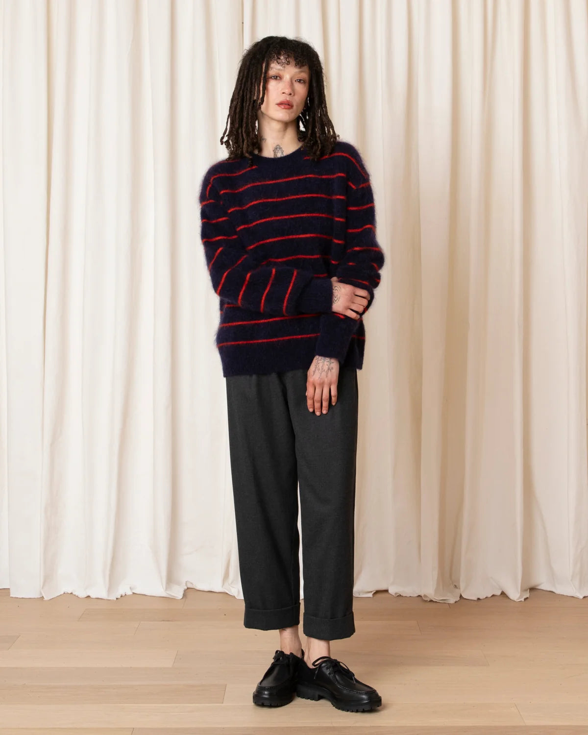 Ali Golden Oversized Mohair Pullover – Navy/Poppy Stripe