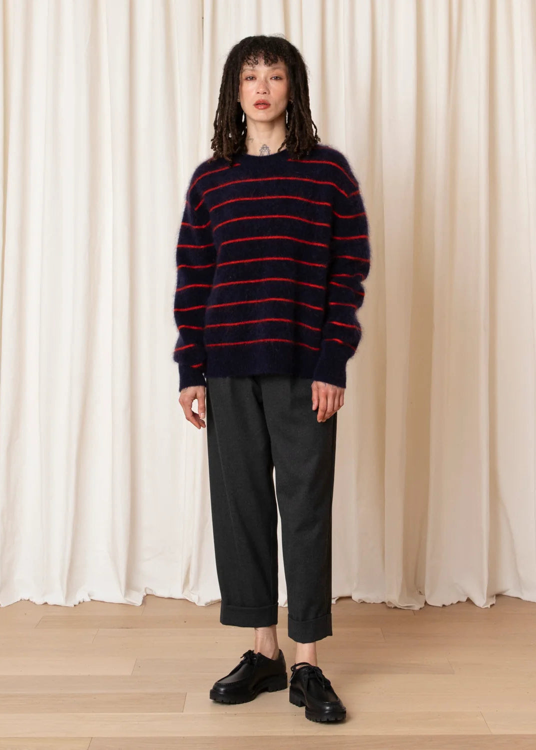 Ali Golden Oversized Mohair Pullover – Navy/Poppy Stripe