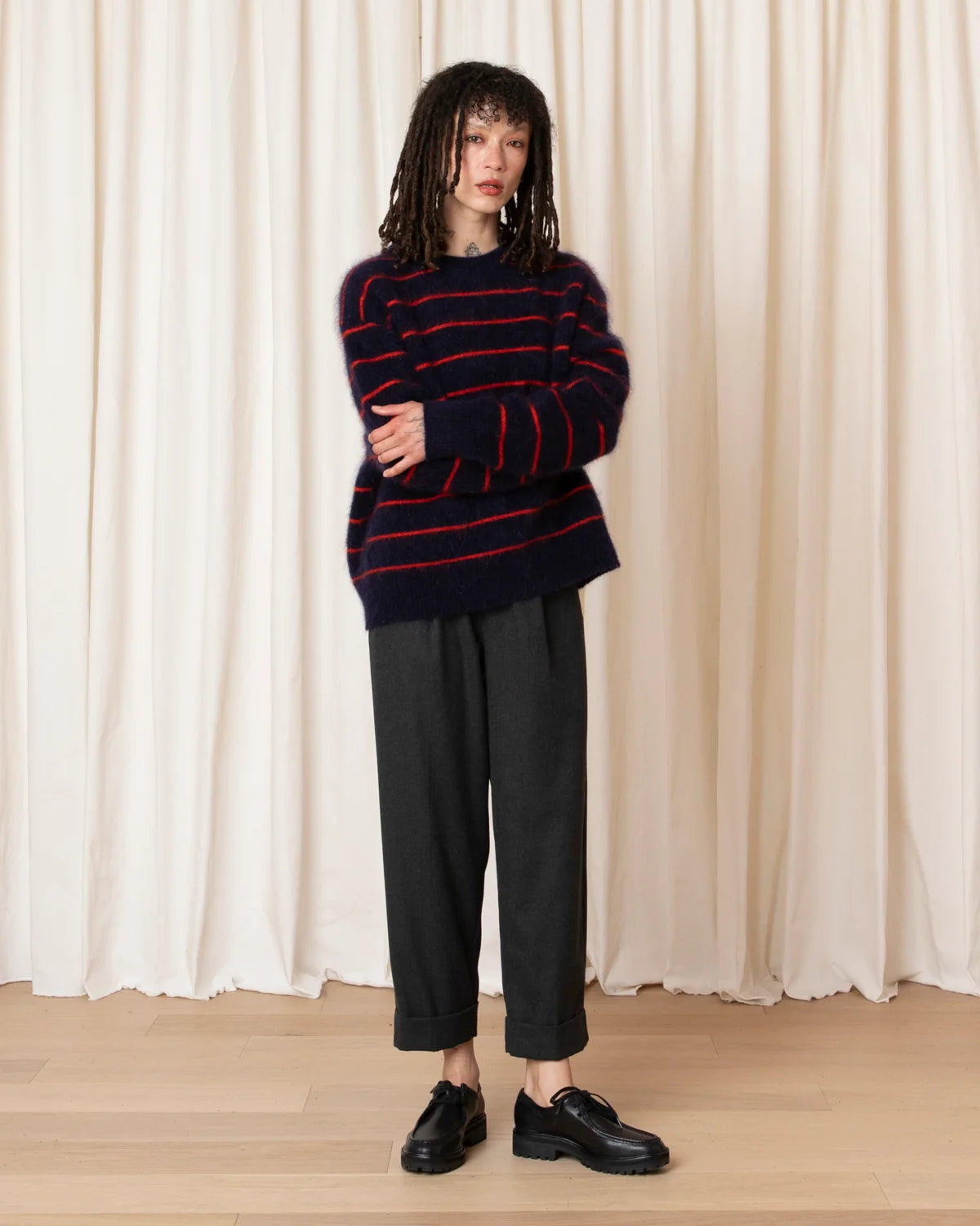 Ali Golden Oversized Mohair Pullover – Ocean/Ochre Stripe