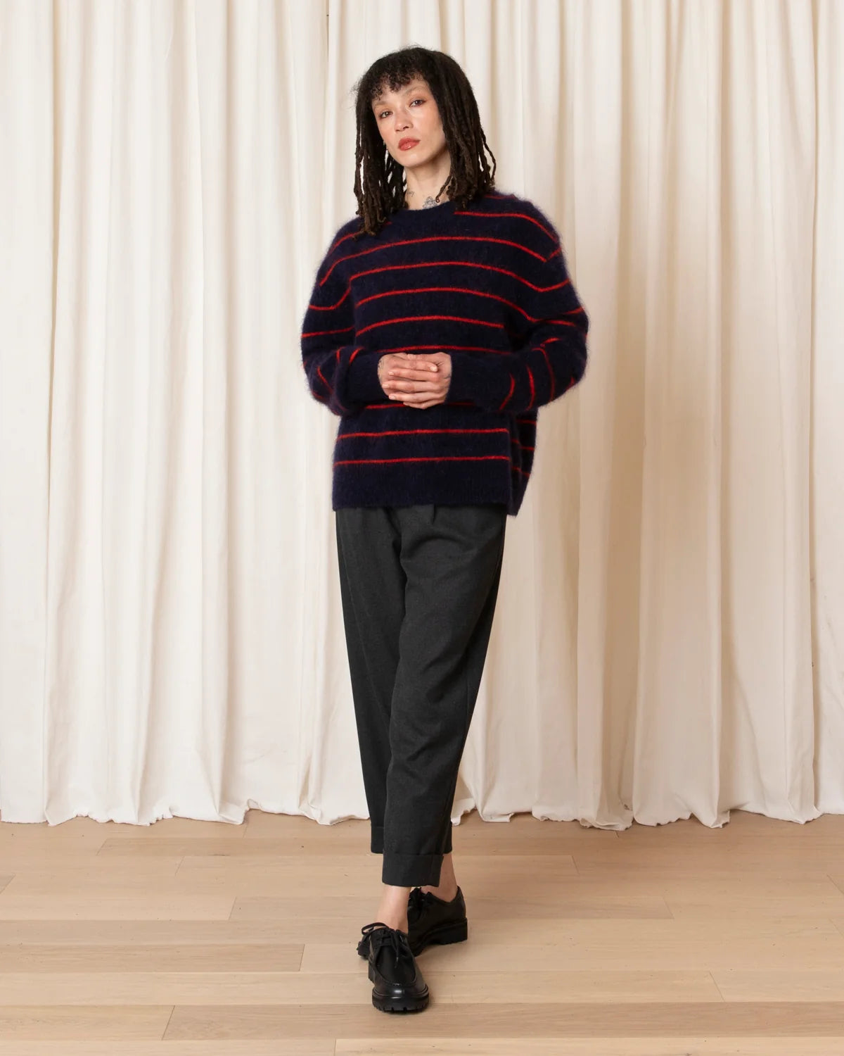 Ali Golden Oversized Mohair Pullover – Navy/Poppy Stripe