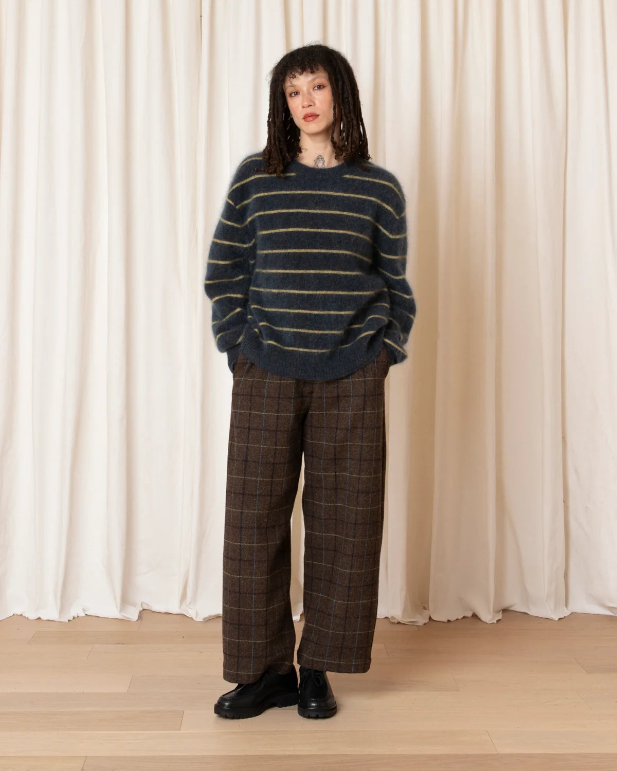 Ali Golden Oversized Mohair Pullover – Ocean/Ochre Stripe
