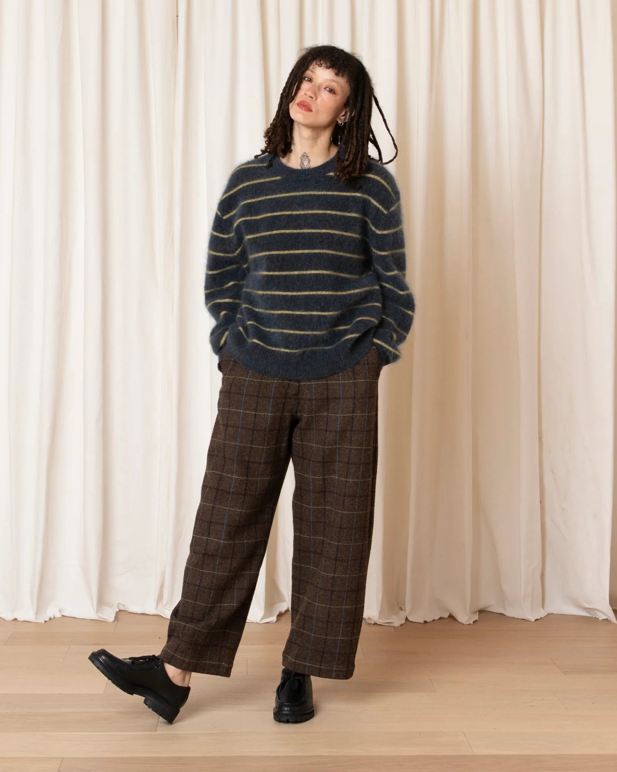 Ali Golden Oversized Mohair Pullover – Ocean/Ochre Stripe