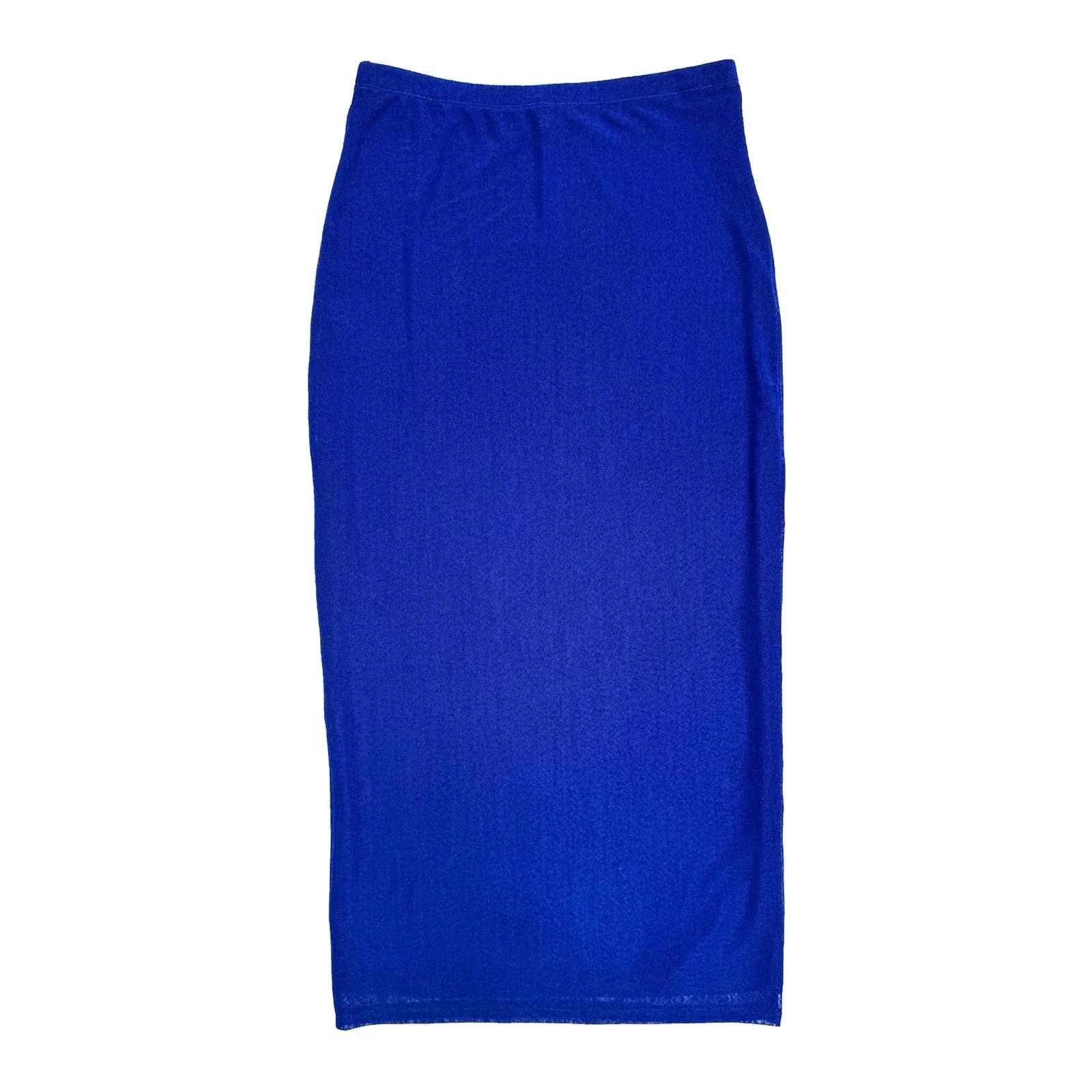 A solid royal blue knit skirt with a gathered waistband, displayed flat against a plain white background.