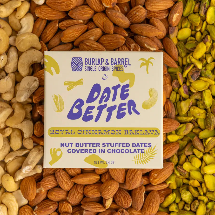 Burlap & Barrel Date Better packaging surrounded by nuts and seeds