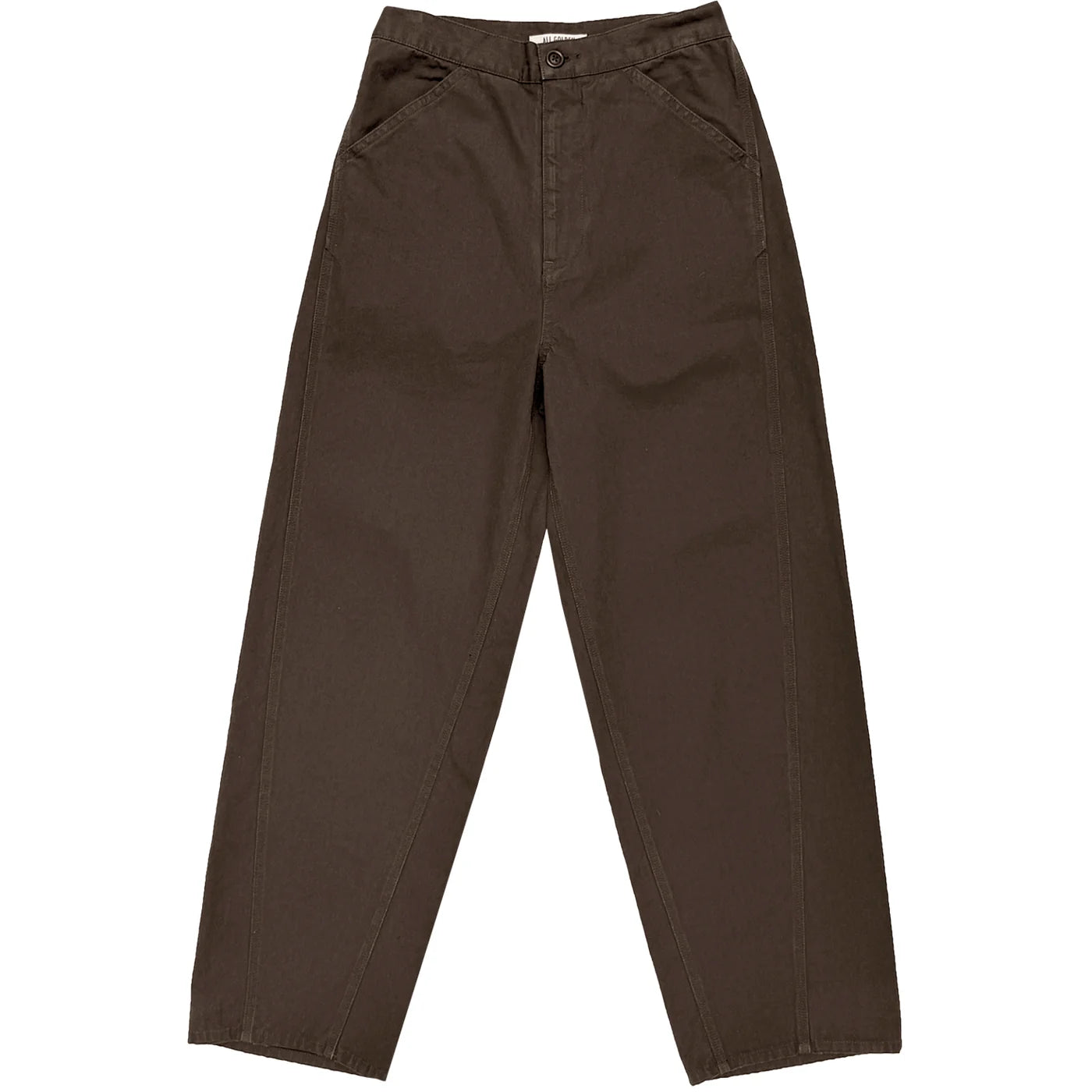 A pair of dark brown wide-leg pants laid flat against a solid white background.