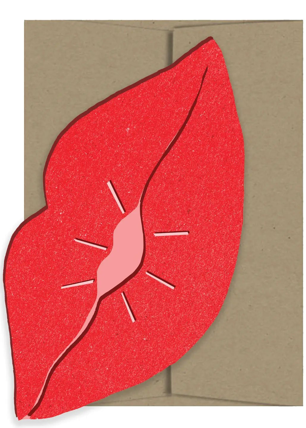 A red lips-shaped card or envelope insert layered over a brown kraft envelope, shown on a plain white background.