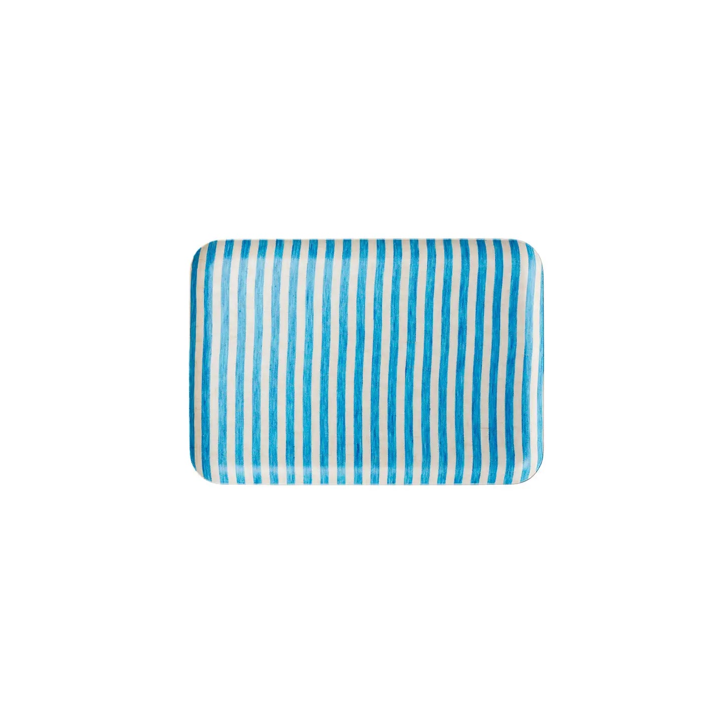 Rectangular blue and white striped cushion on a white background