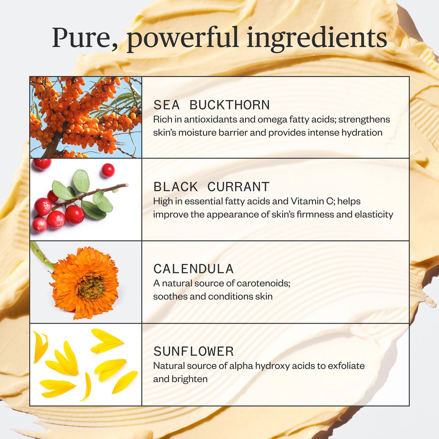 Product packaging with ingredients listed including Sea Buckthorn, Black Currant, Calendula, and Sunflower.