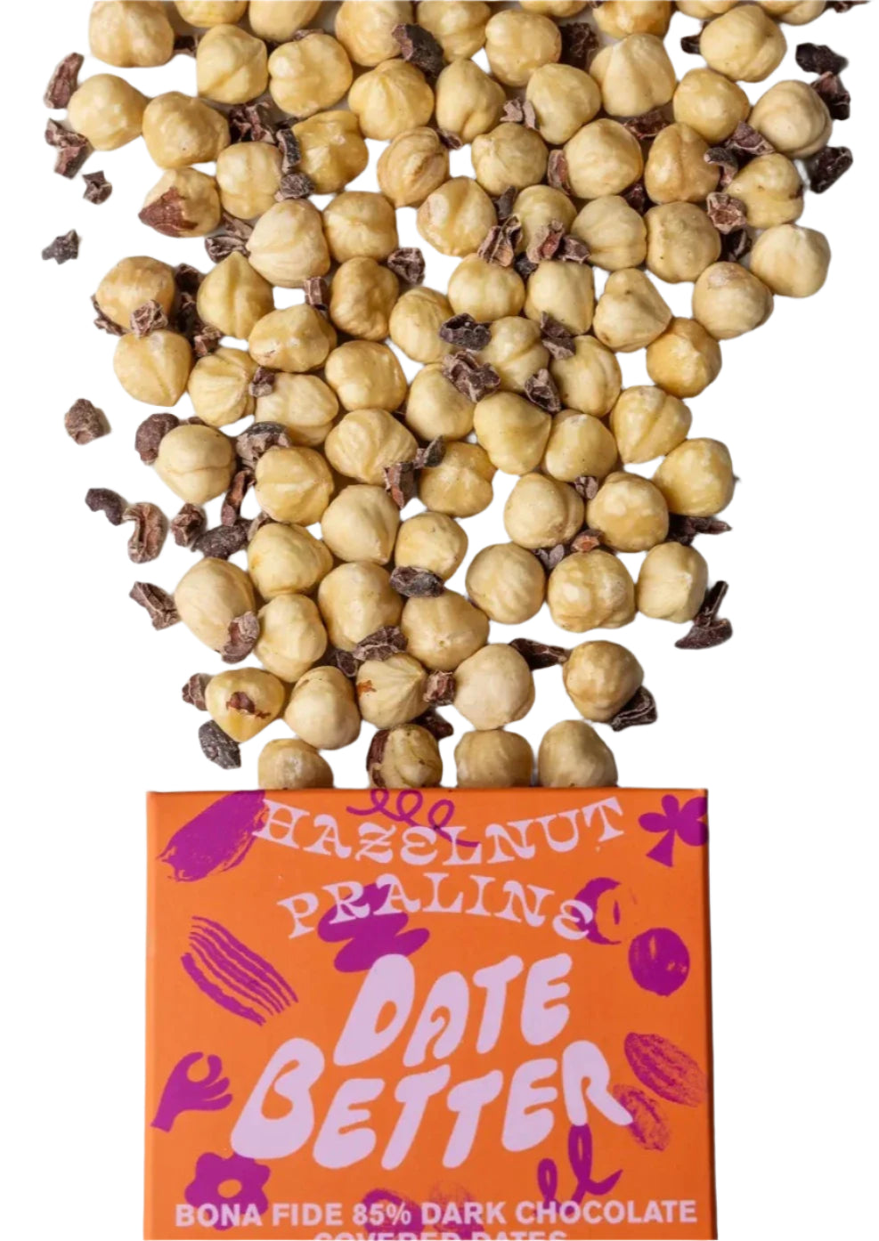 package with hazelnuts and cacao nibs spilling out