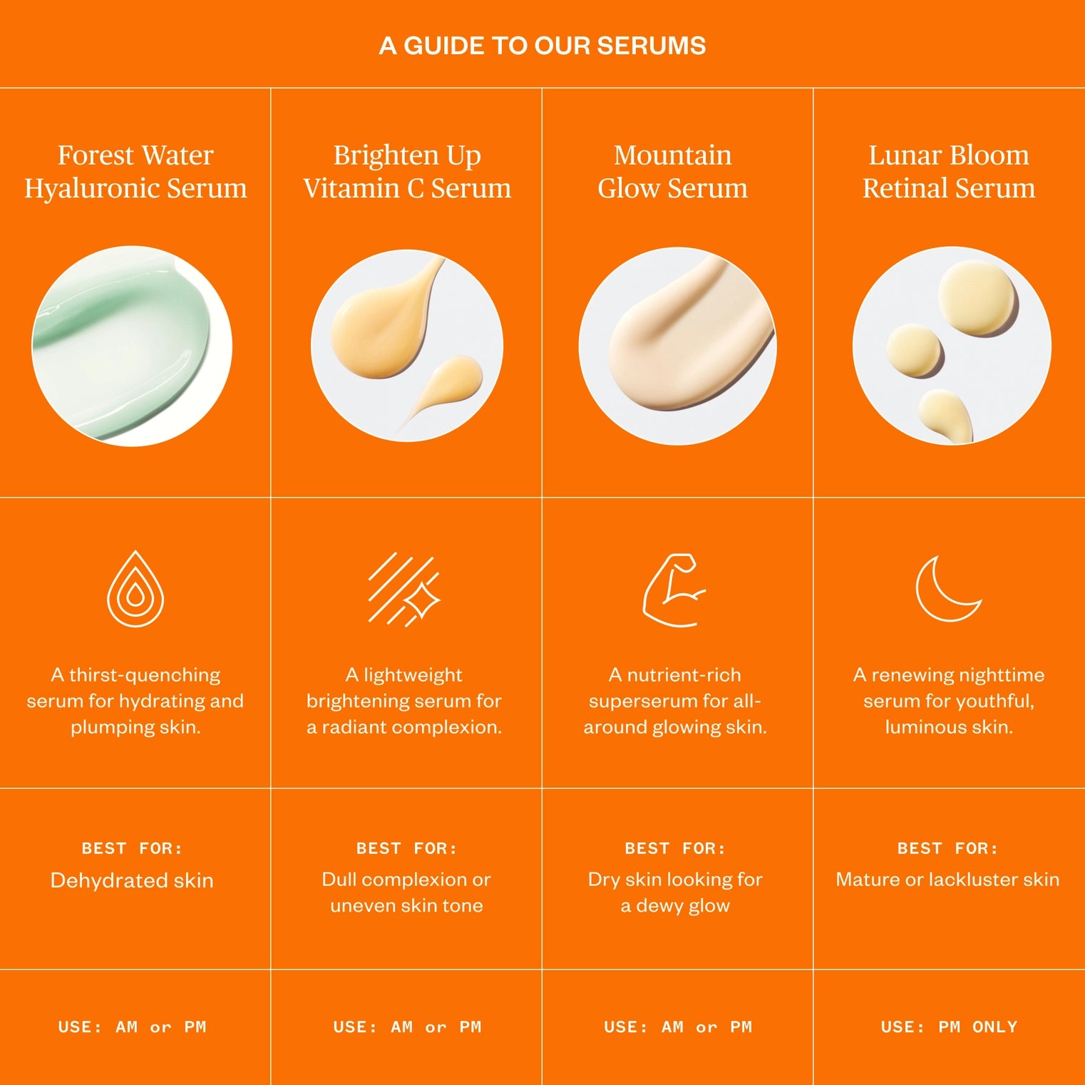 Product guide to serums with images and descriptions on an orange background
