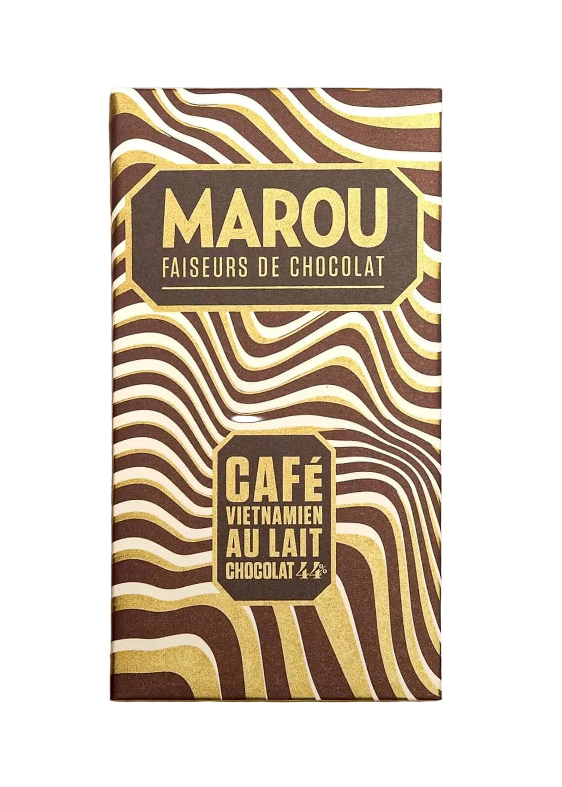 A Marou chocolate bar package with a brown and beige wavy zebra-like pattern, featuring gold text for 'MAROU' and 'CAFÉ VIETNAMIS AU LAIT CHOCOLAT & CO.' on a light beige background.