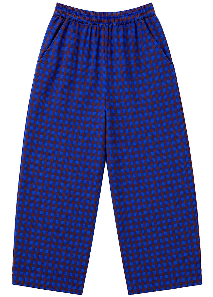 gingam silk noil pants in barrel cut wtih elastic, cobalt blue and rust 