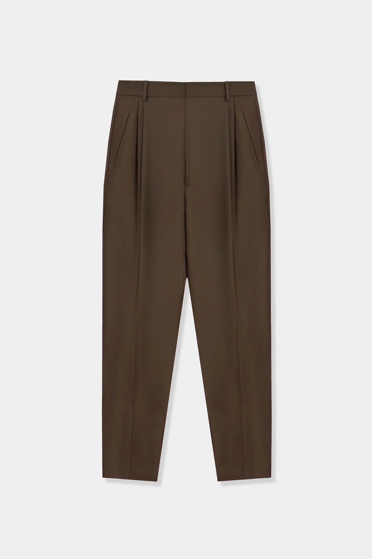 A pair of dark brown tailored trousers with front pleats, shown flat against a light gray background.
