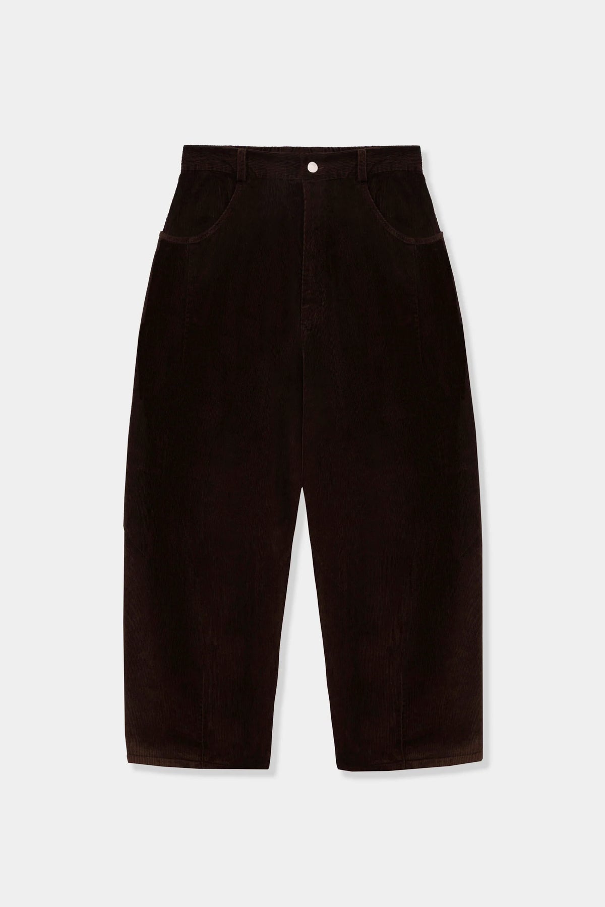 Dark brown corduroy cropped pants with a button waistband, displayed flat against a light gray background.