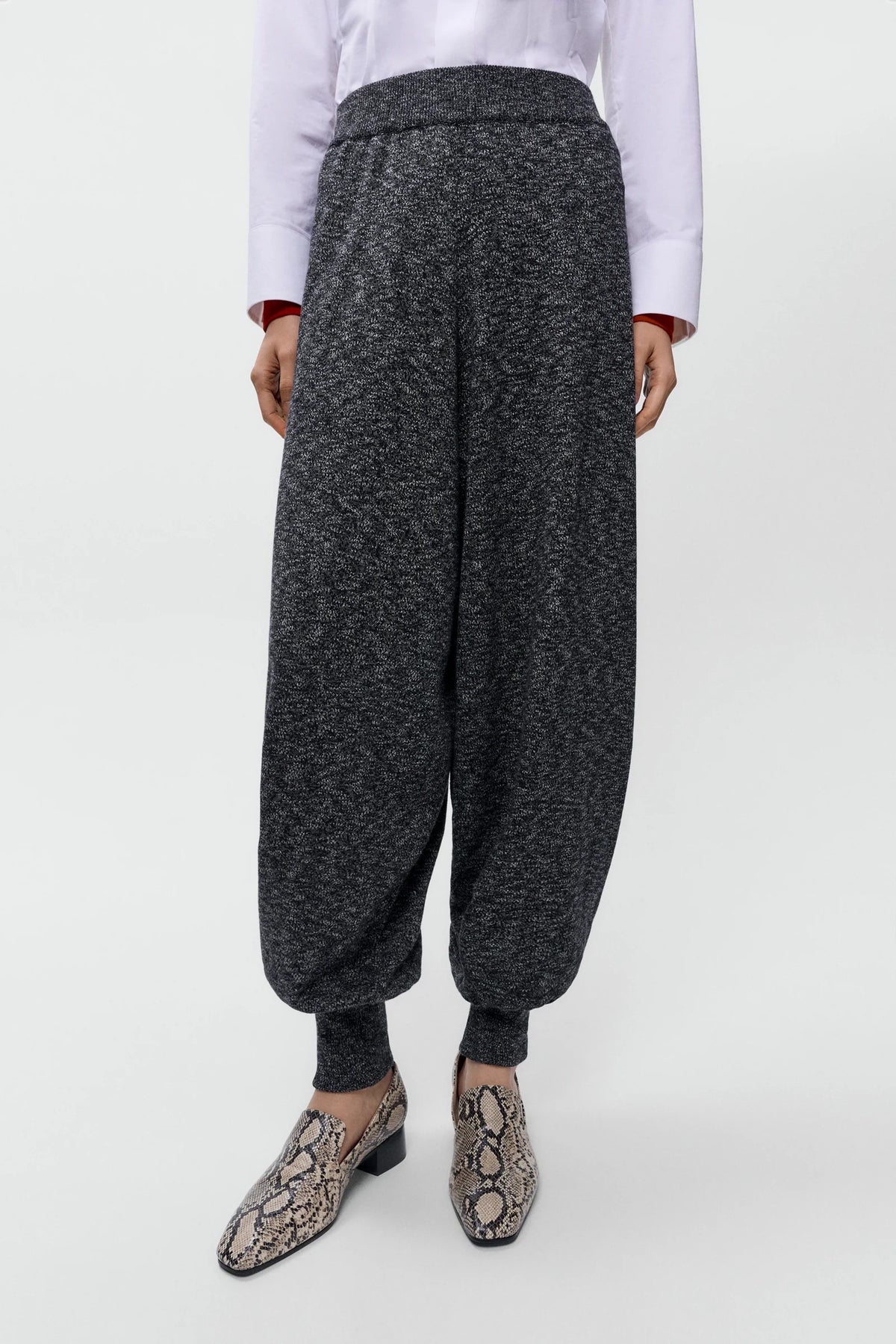 Person wearing dark gray harem pants with a white shirt on a light gray background