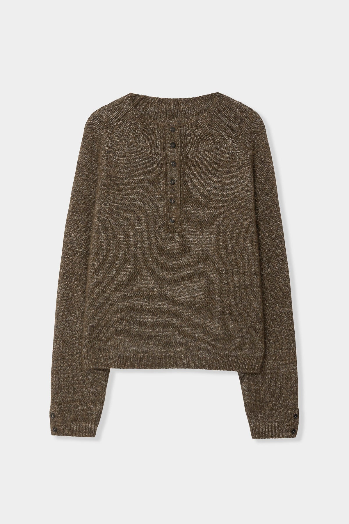 A brown knit sweater with a buttoned henley-style neckline, displayed flat against a light gray background.