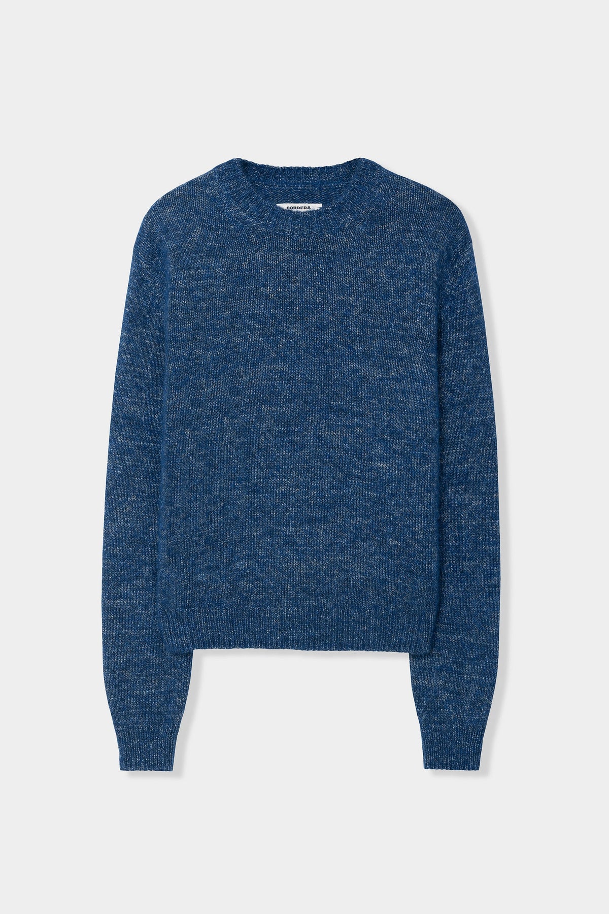 A blue heathered knit crewneck sweater with long sleeves, displayed flat against a light gray background.