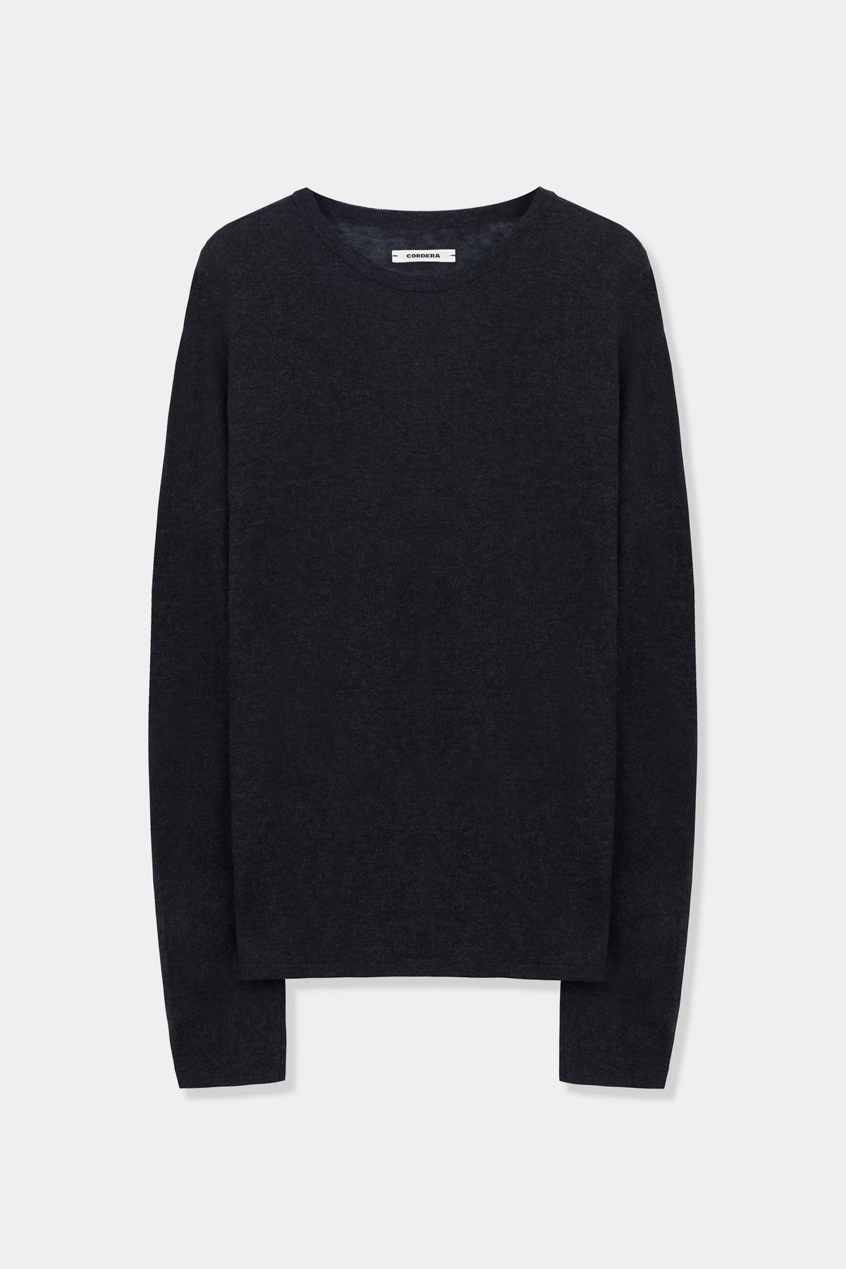 A dark navy blue long-sleeve knit sweater with a crew neck, displayed flat against a light gray background.
