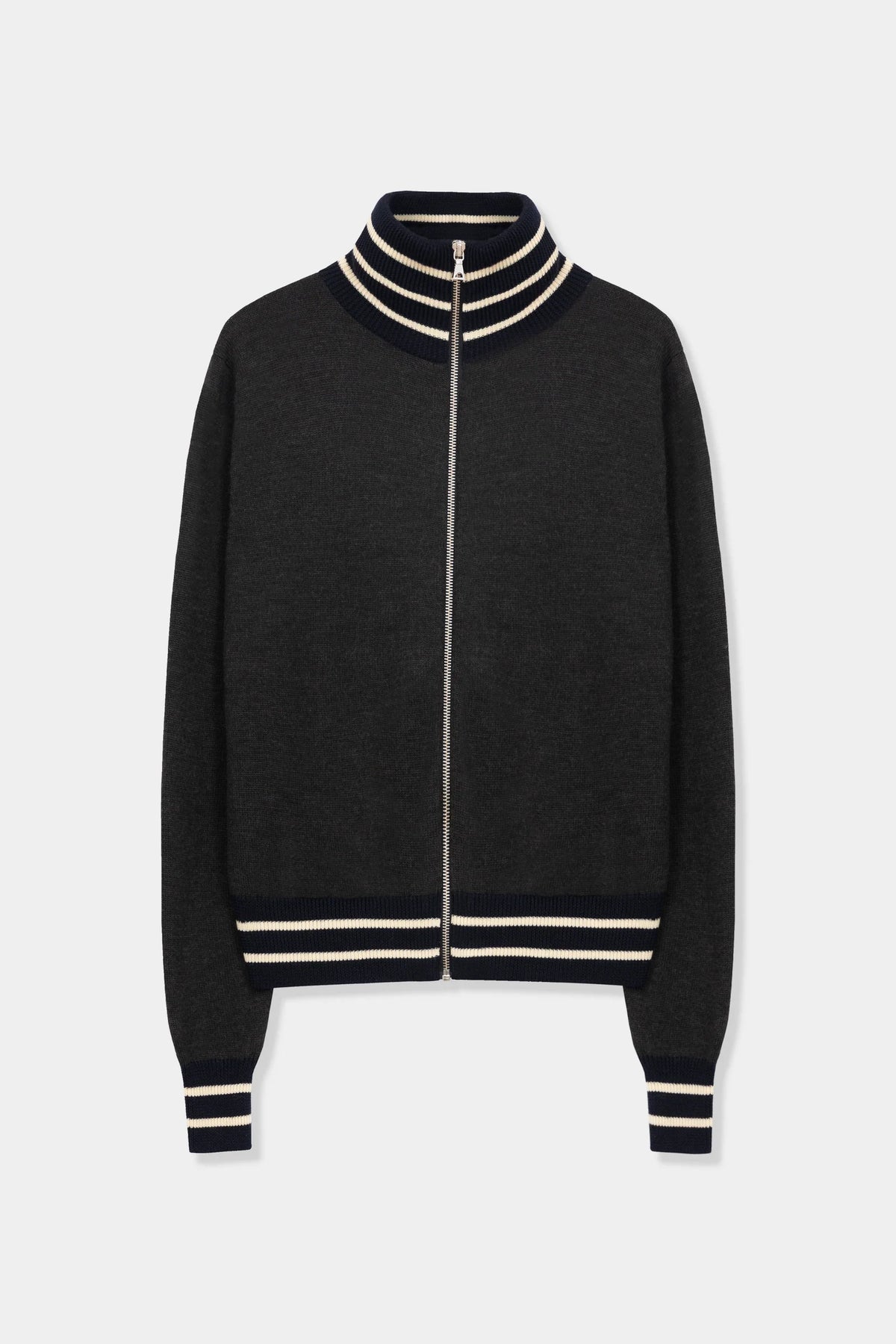 A black zip-up knit jacket with cream-colored striped ribbing on the collar, cuffs, and hem, displayed against a light gray background.