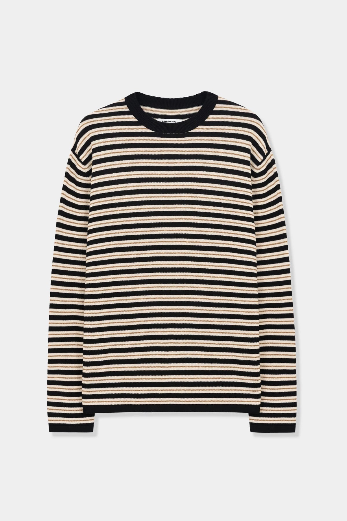 A long-sleeve knit top with horizontal black and cream stripes, featuring a solid black crew neck, photographed flat against a light gray background.