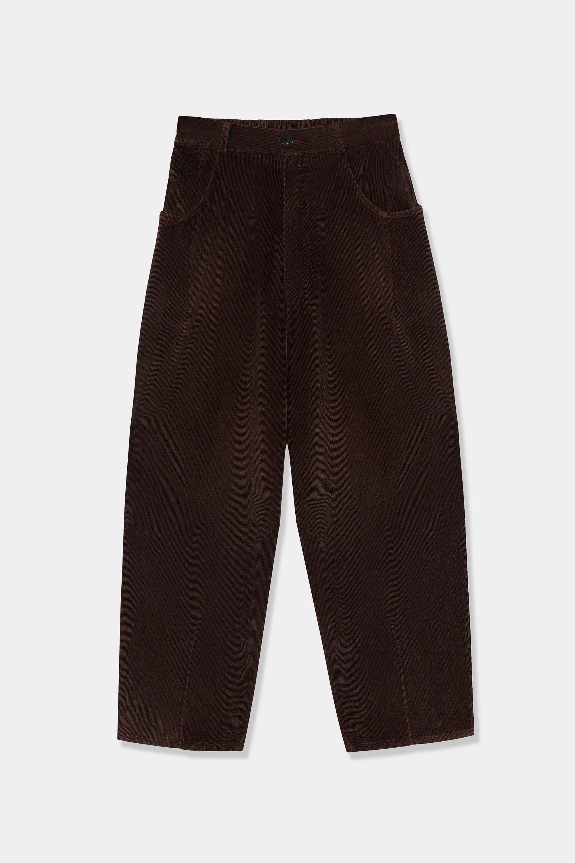 Dark brown corduroy trousers with a relaxed, tapered fit and front patch pockets, shown flat on a light gray background.
