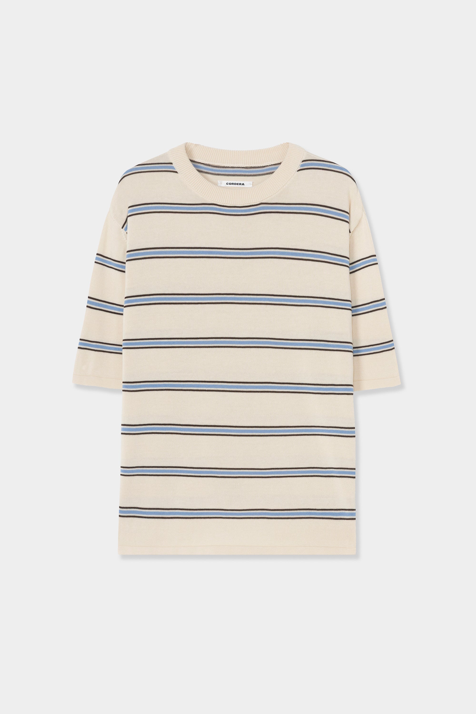 Striped dress with blue and gray lines on a white background