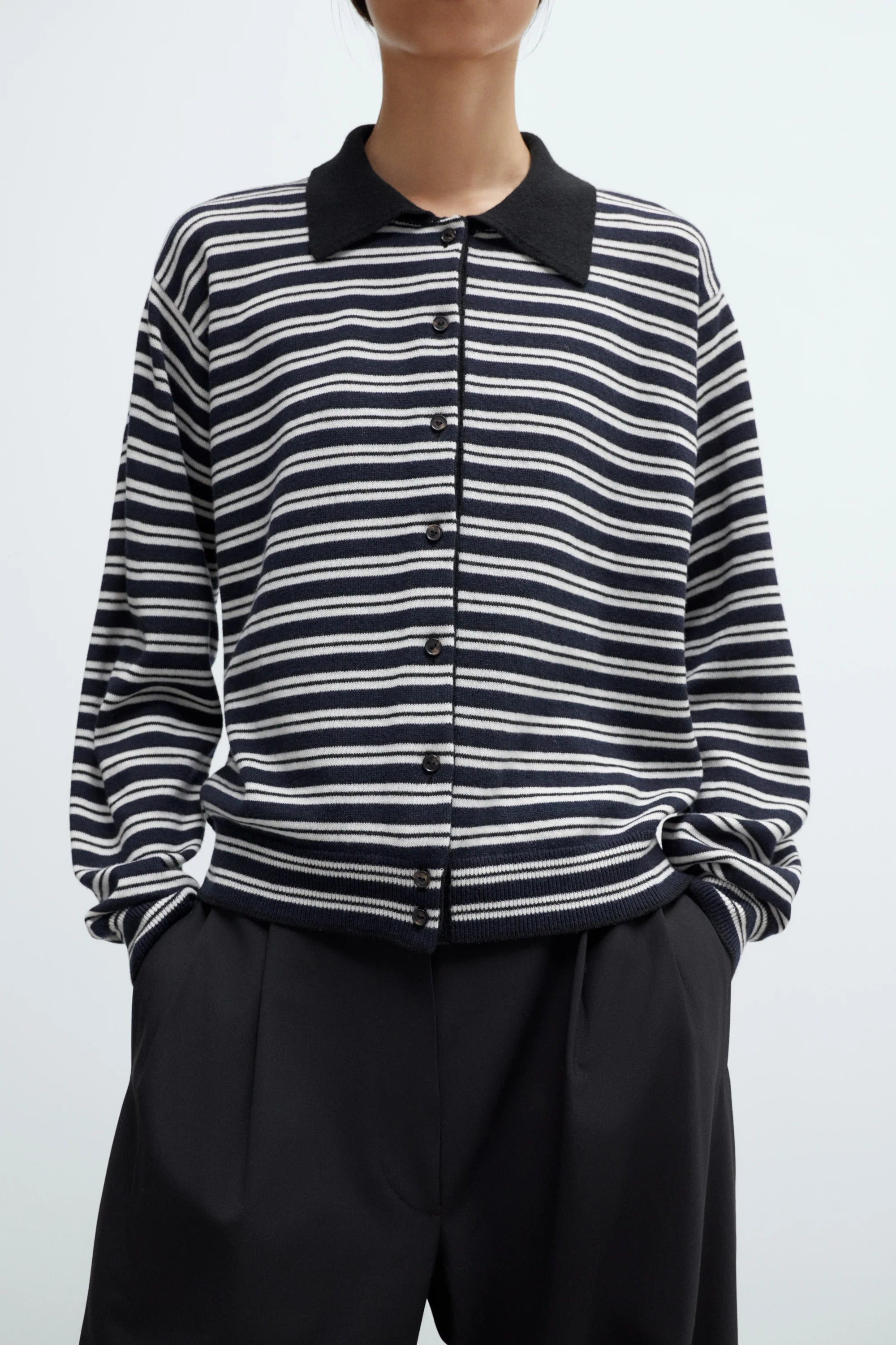 Merino Wool Striped Polo Cardigan
