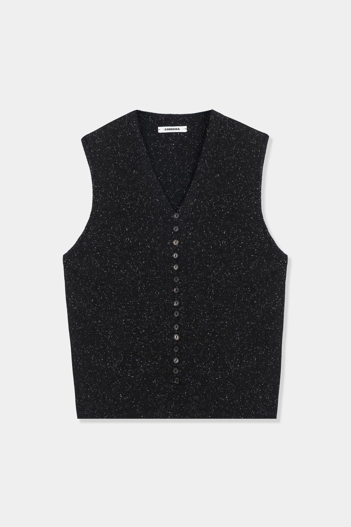 A black knit vest with a V-neck and a button-up front, displayed flat against a light gray background.