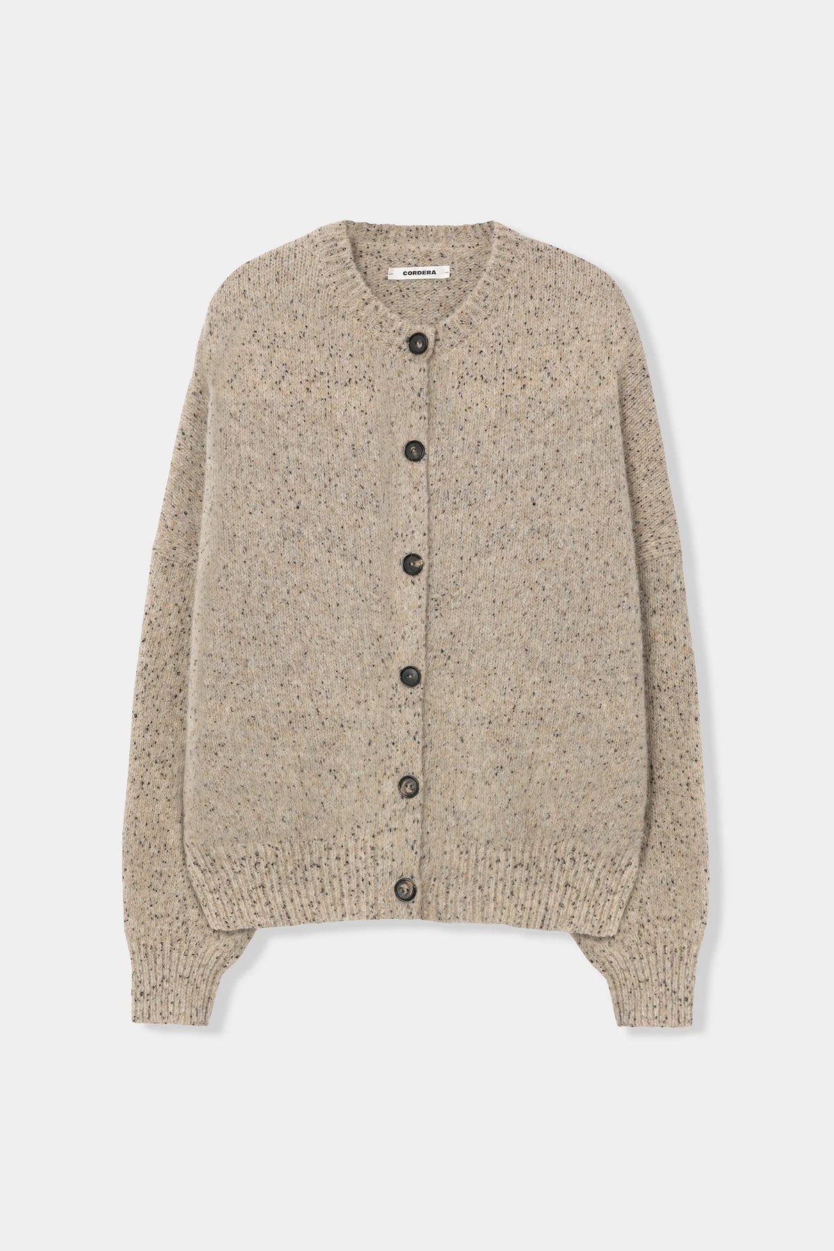 A beige knit cardigan sweater with dark buttons, shown flat against a light gray background.