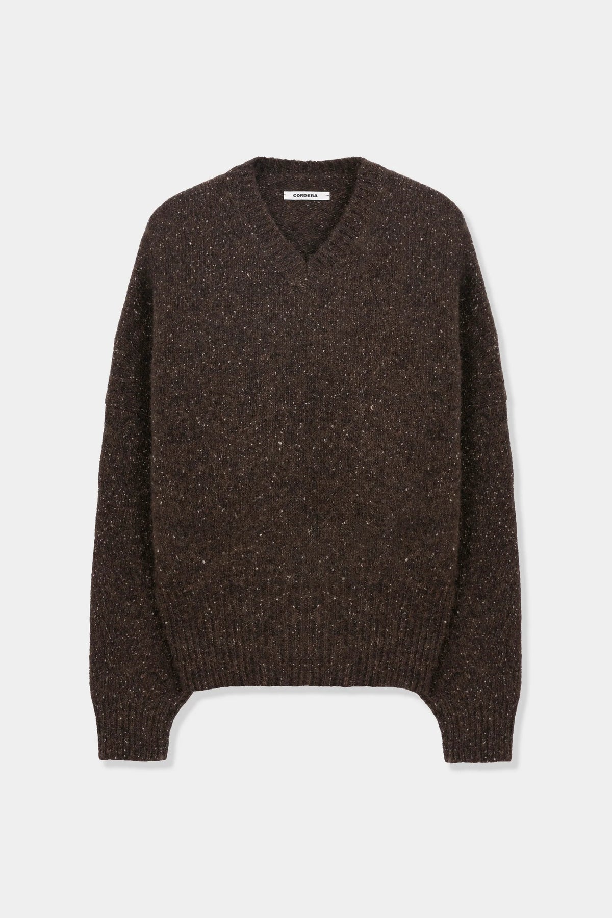 A dark brown knit sweater with a subtle heathered texture, featuring a classic V-neck and ribbed cuffs and hem, displayed against a light gray background.