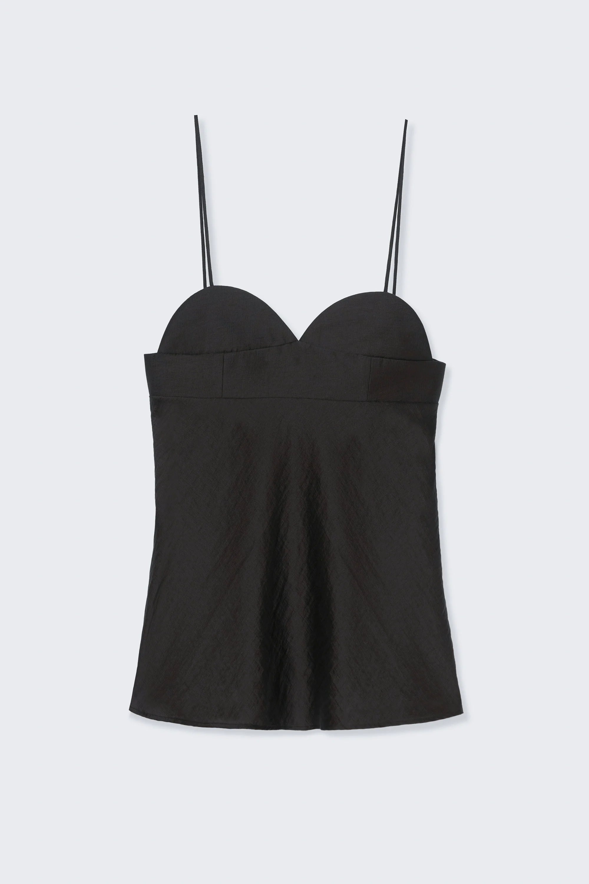 Black strap top on a light gray background