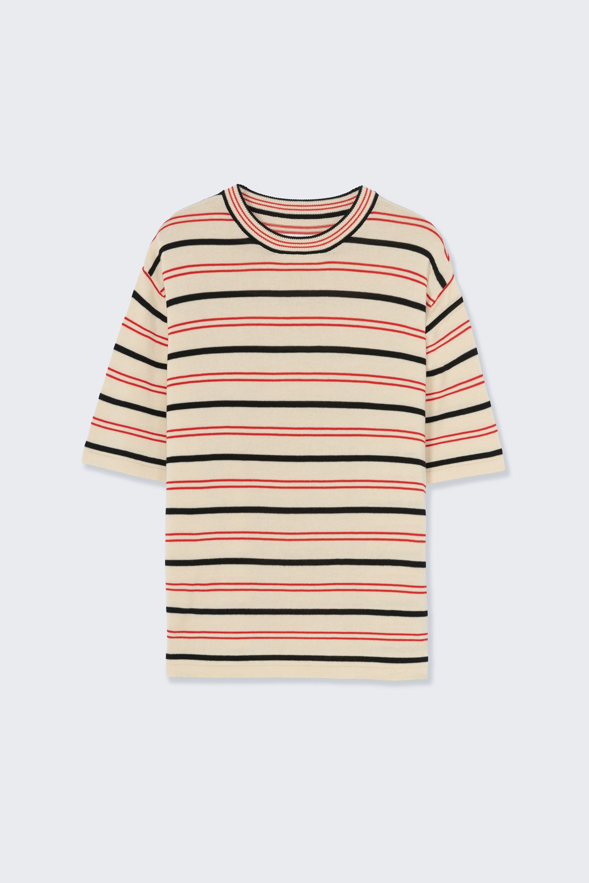 Striped dress with black, red, and beige stripes on a light gray background