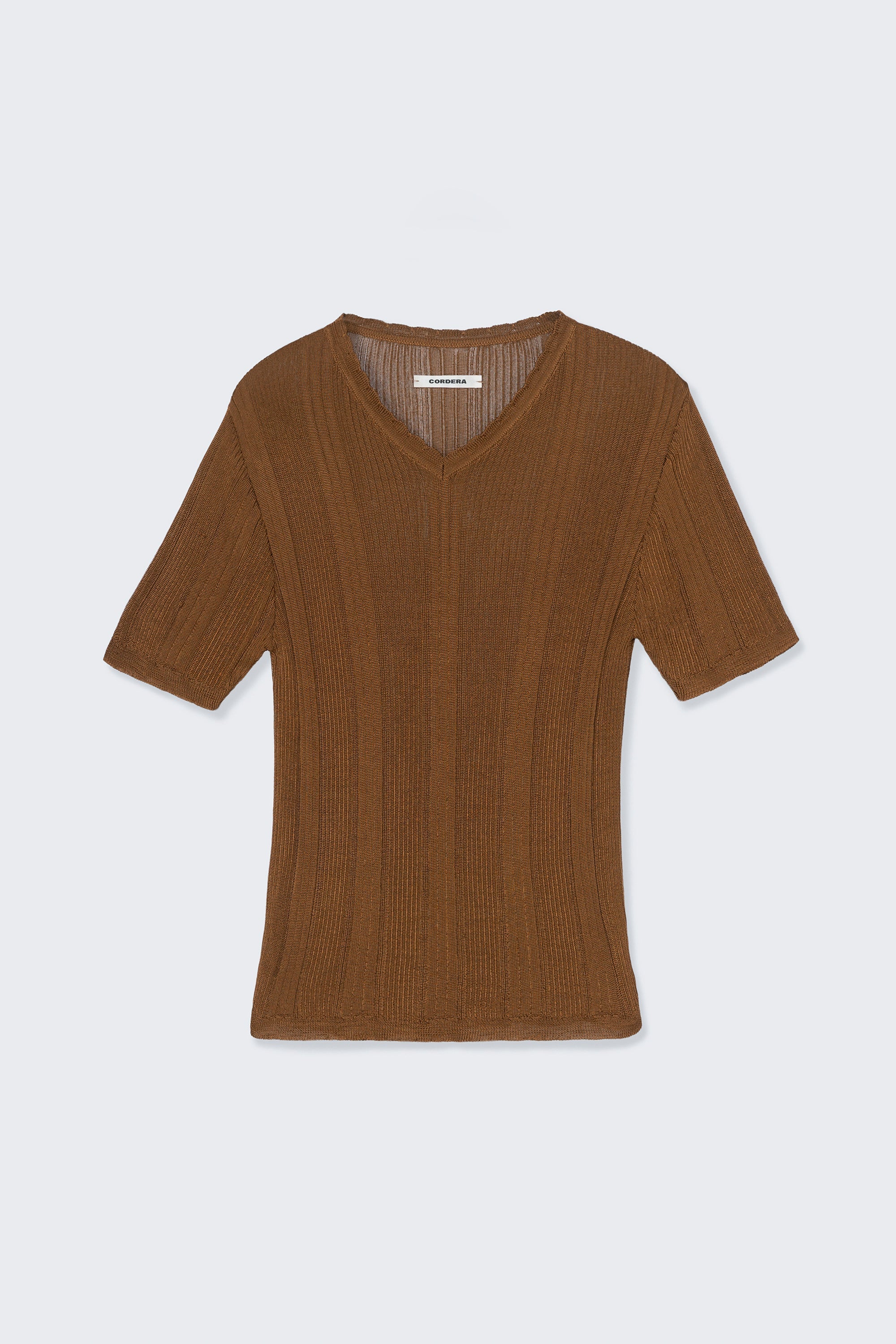 Brown ribbed sweater on a light gray background
