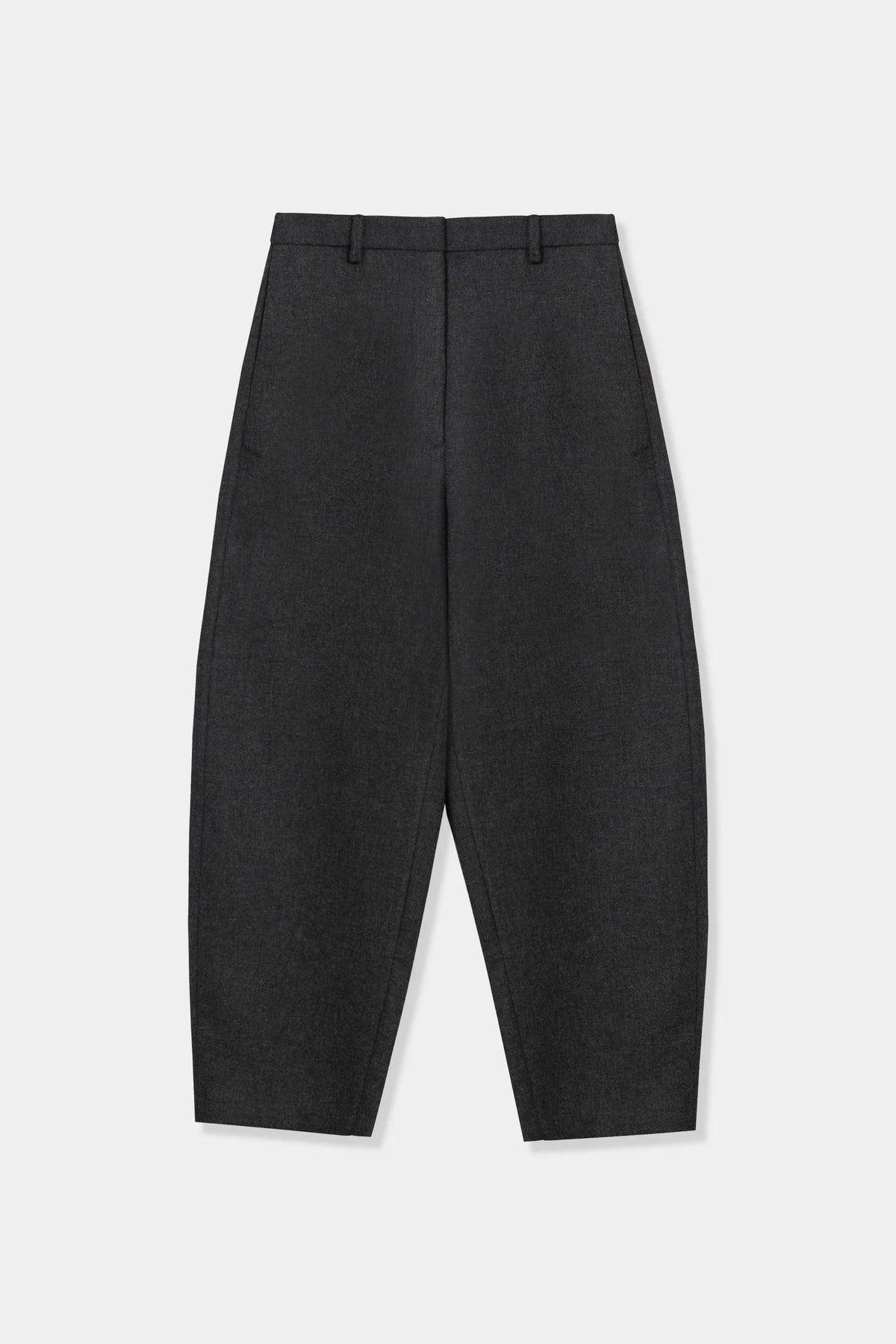 A pair of dark charcoal gray trousers with a relaxed, wide-leg silhouette, laid flat against a light gray background.