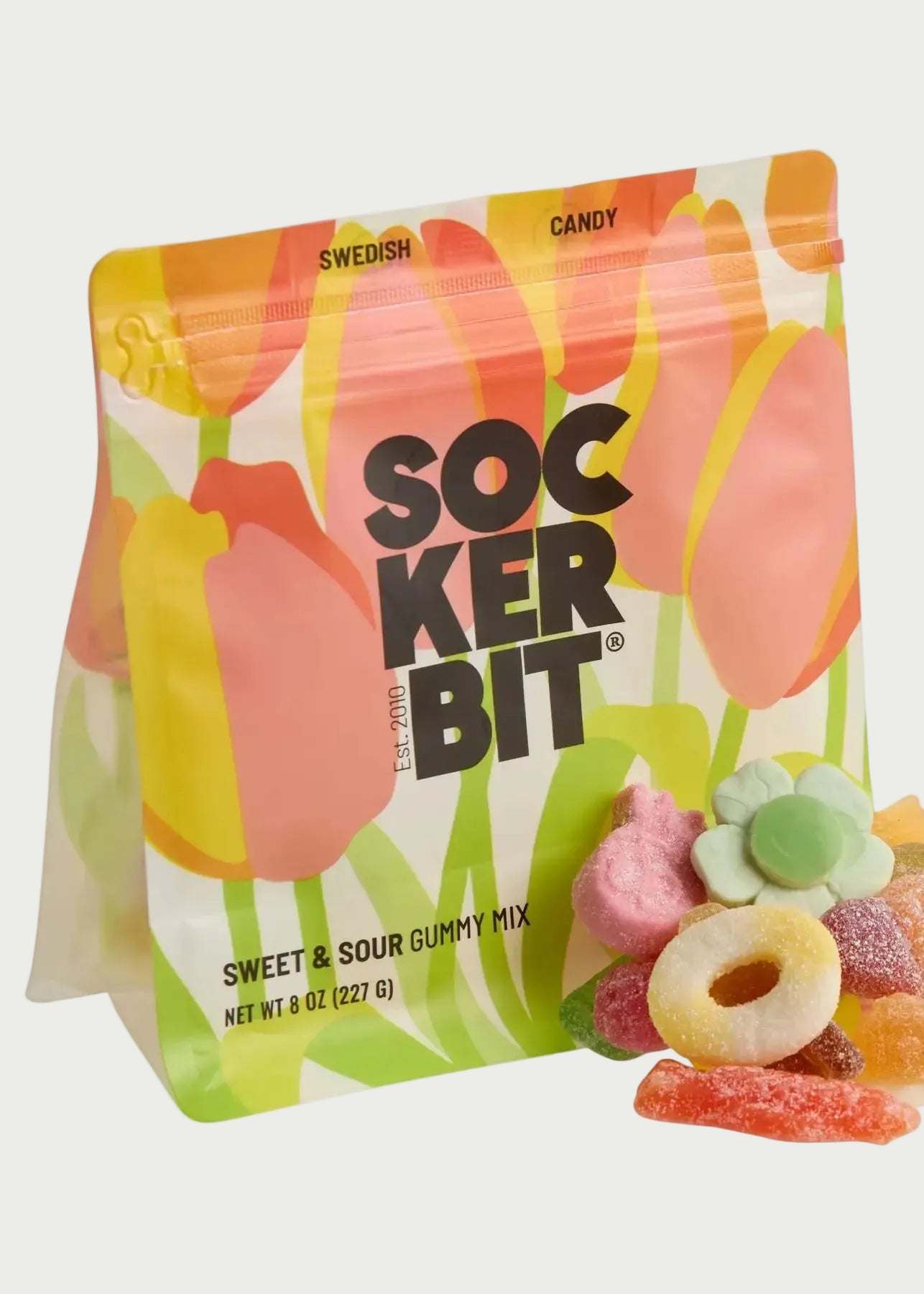 flower illustrations on bag of candy and swedish candies