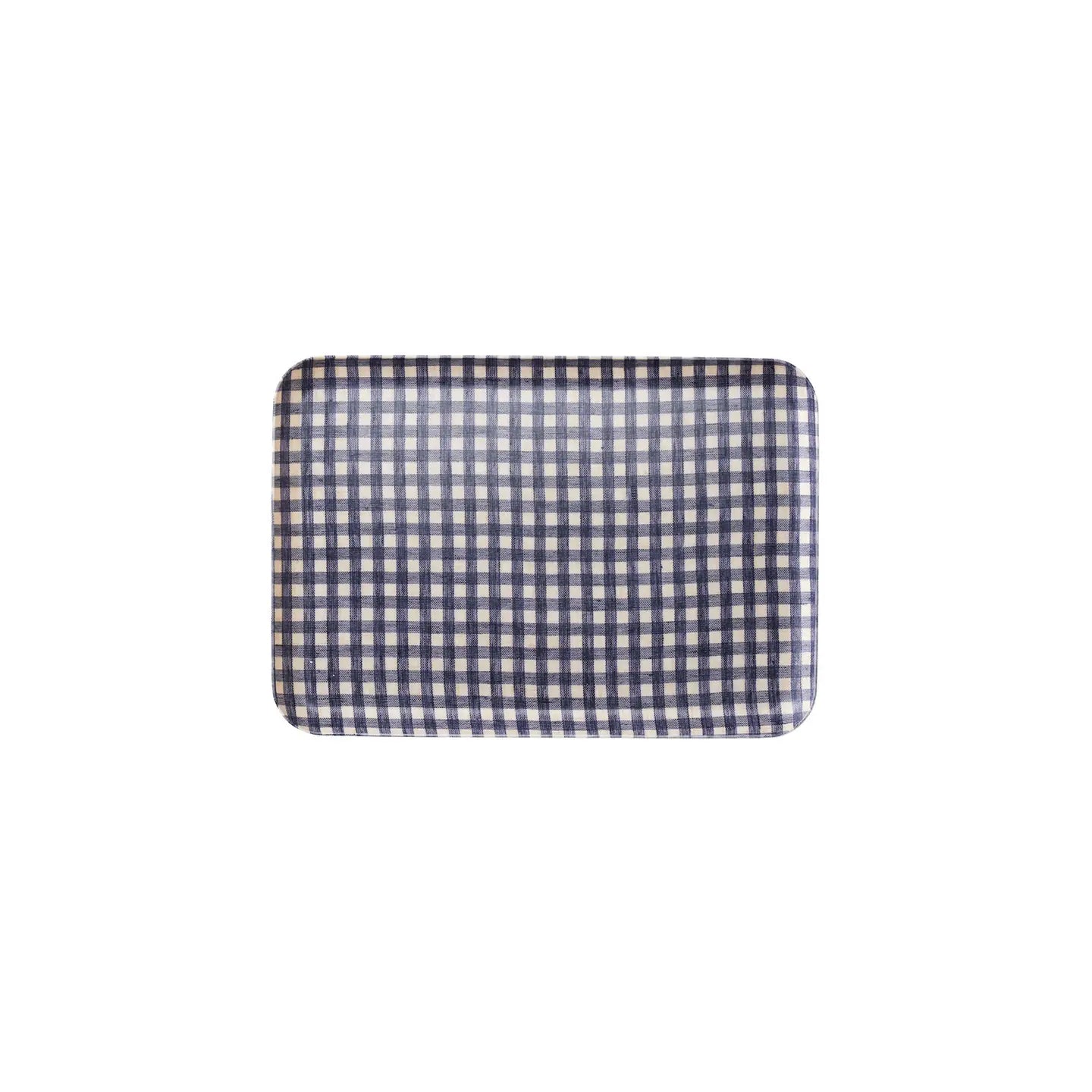 A rectangular tray with rounded corners featuring a classic navy blue and white gingham checkered pattern, shown against a plain white background.