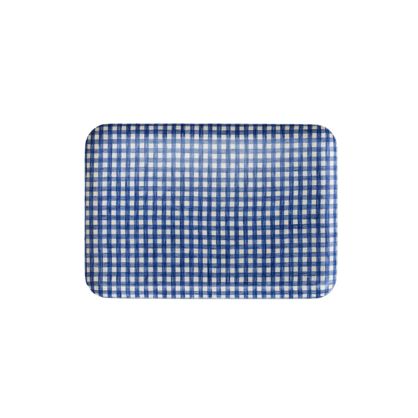 A rectangular tray with rounded corners featuring a classic blue and white gingham checkered pattern, shown against a plain white background.