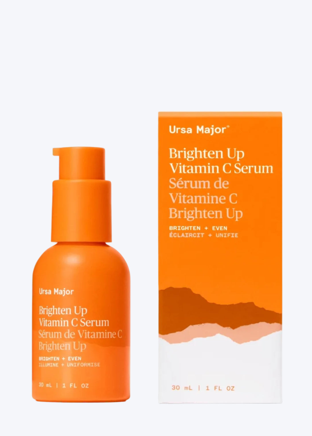 Orange serum bottle and packaging of Ursa Major Brighten Up Vitamin C Serum on a white background