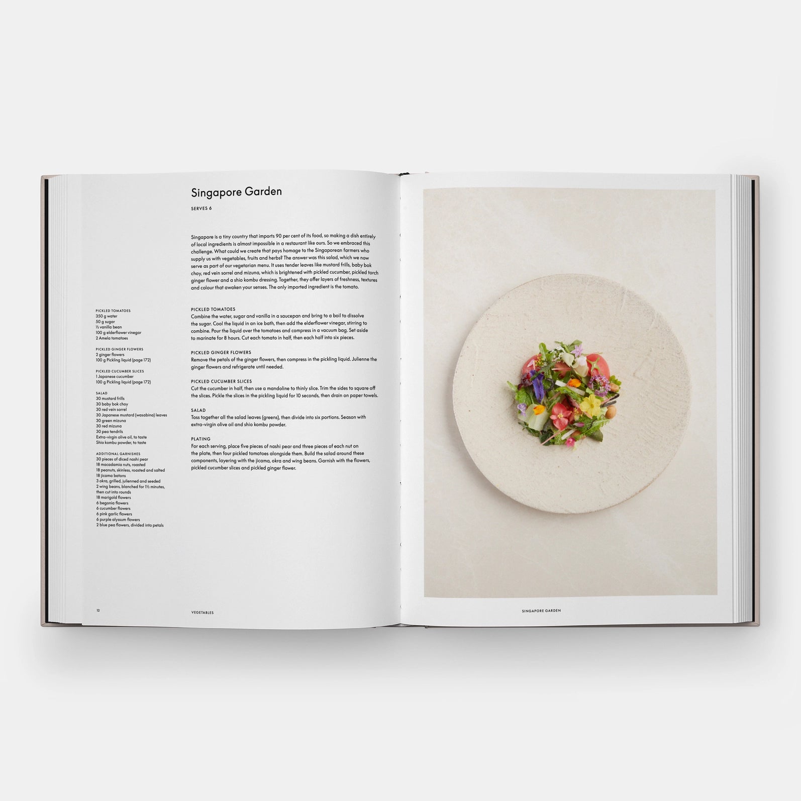 Open book with text on the left and a photograph of a dish on the right, titled 'Singapore Garden'.