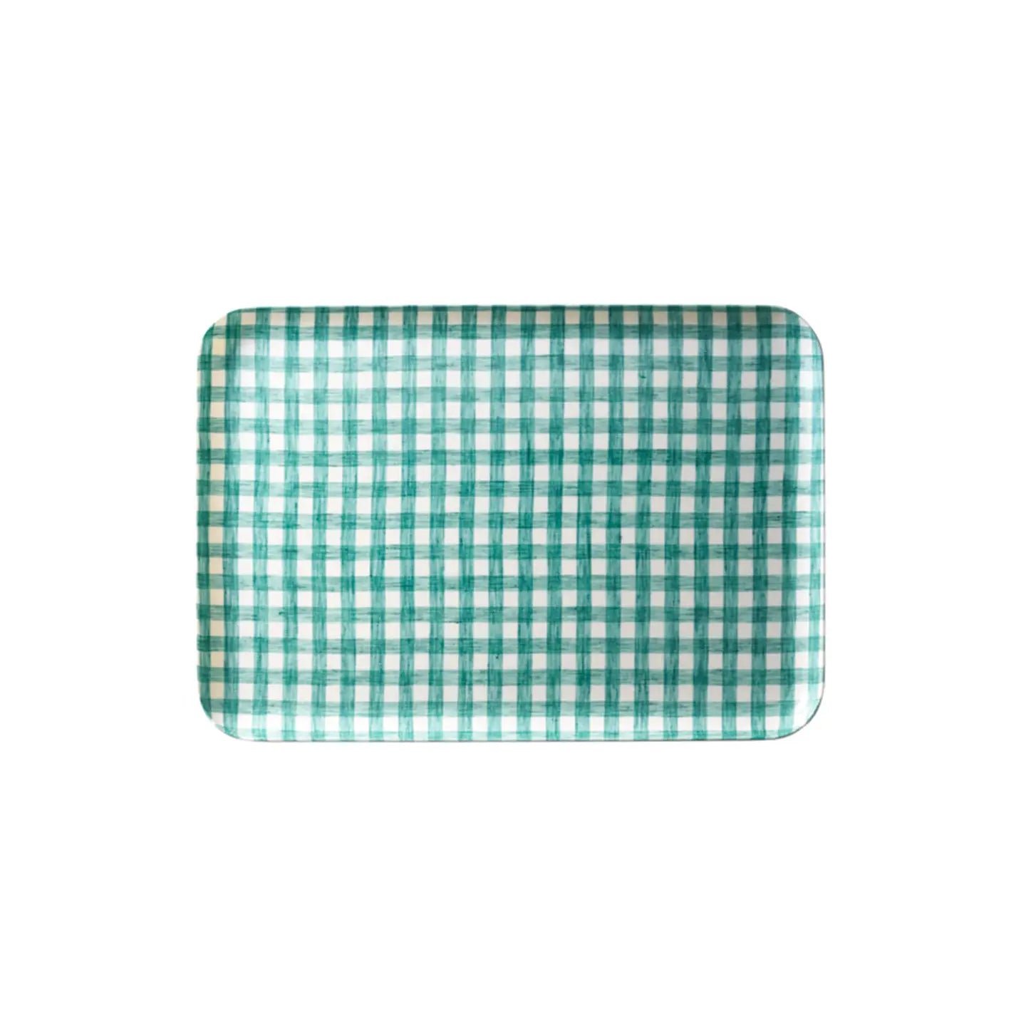 Green and white checkered tray on a white background