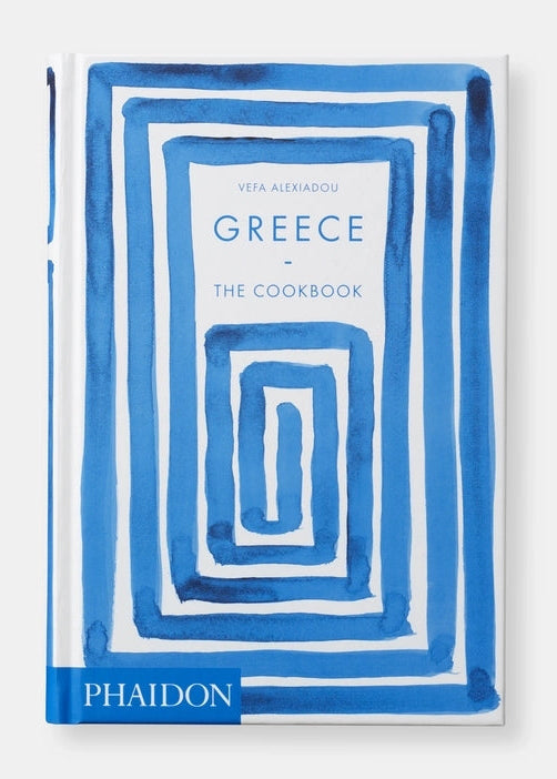 Book titled 'Greece: The Cookbook' by Phaidon with blue and white design on cover