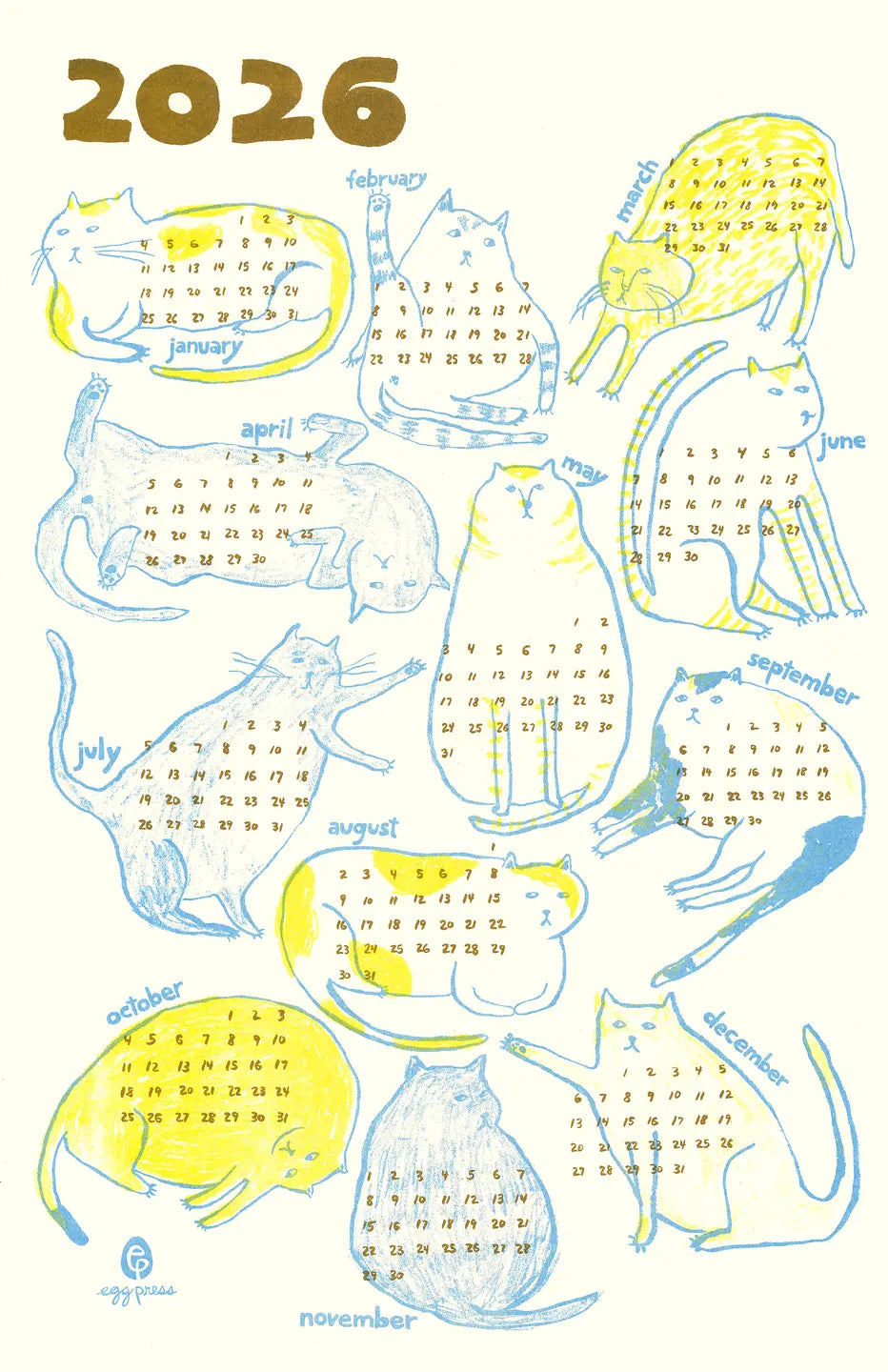 Cats 2026 Calendar Illustrated Risograph Print